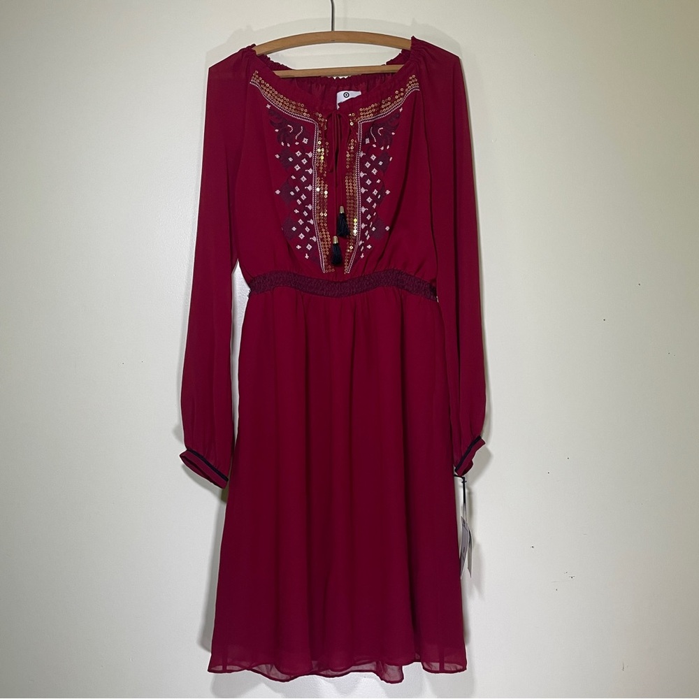 Altuzarra red mini dress women’s 10 sheer embroidered sequins peasant bohemian